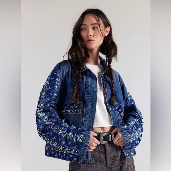 Free People We The Free Suzy Beaded Denim Jacket NWT SZ S MSRP $348